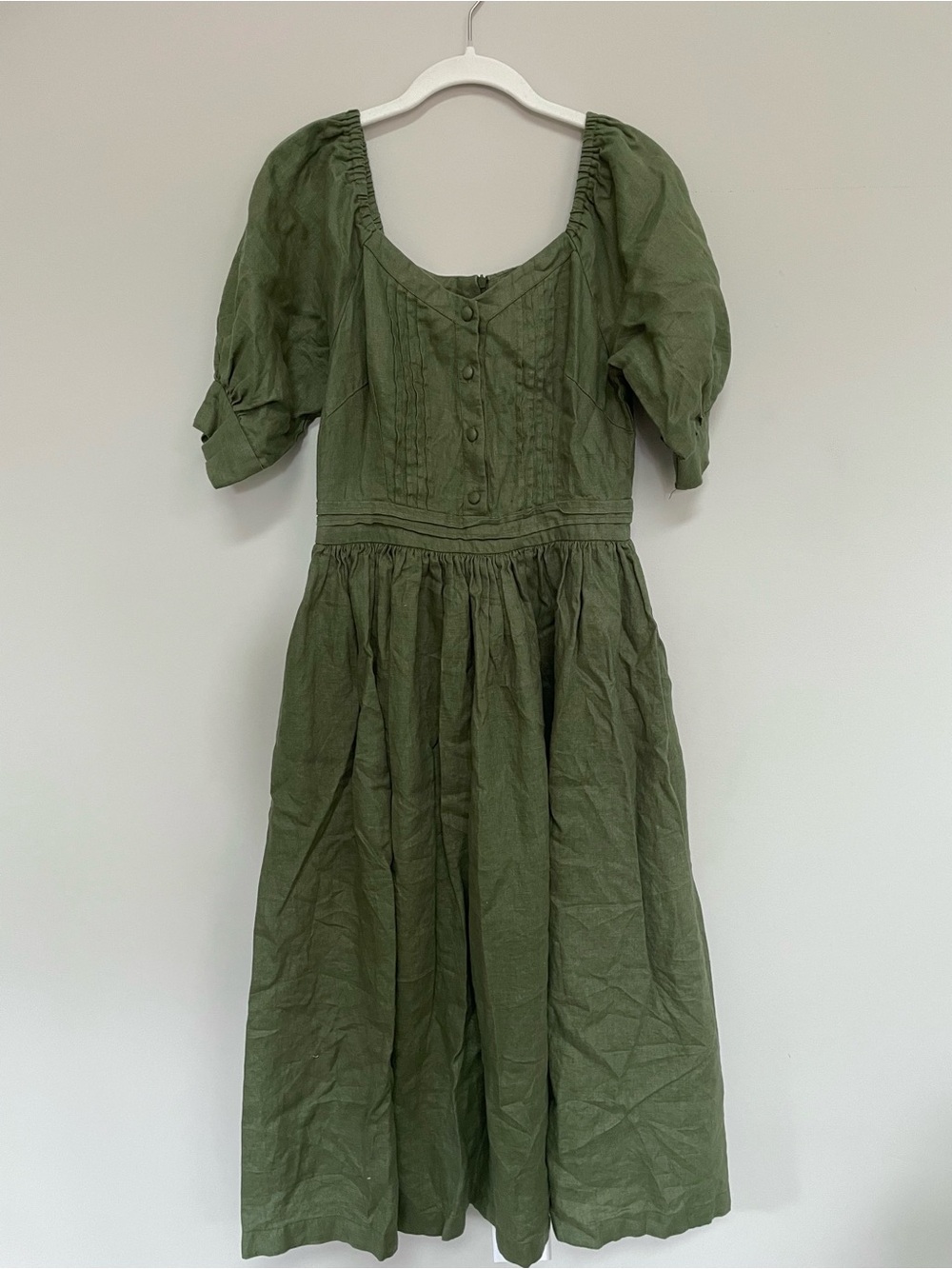 Puff-Sleeve Olive Midi Dress with Button Front